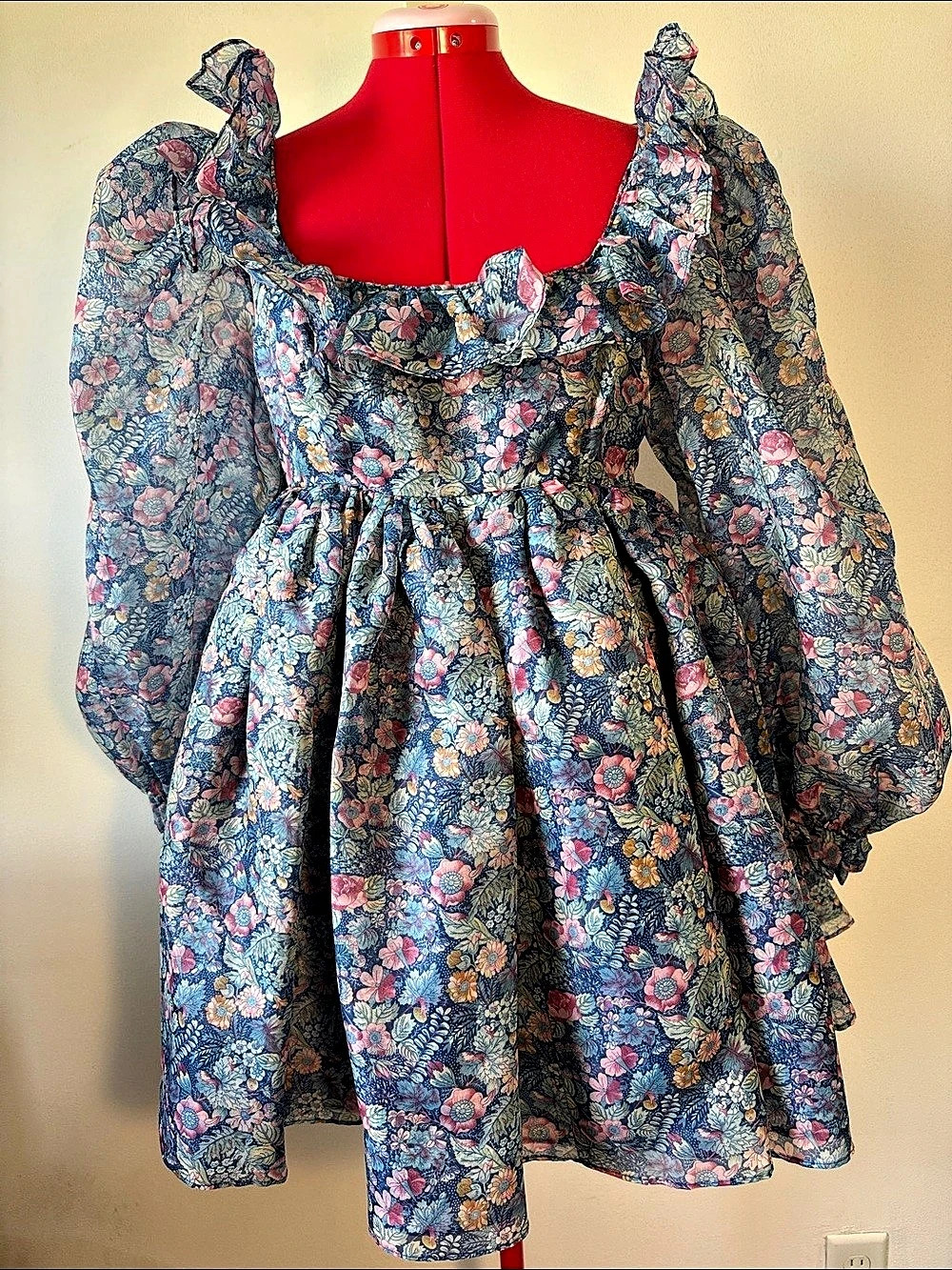 Selkie The Impression Flowers Raphaelite Puff Dress Blue & Pink